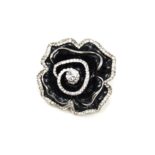 Broche-Epingle-Fleur-Metal-Peint-Noir-Argente-avec-Contour-Strass