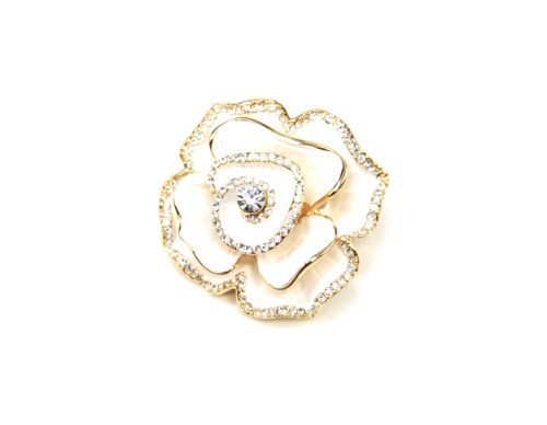 Broche-Epingle-Fleur-Metal-Peint-Blanc-Dore-avec-Contour-Strass