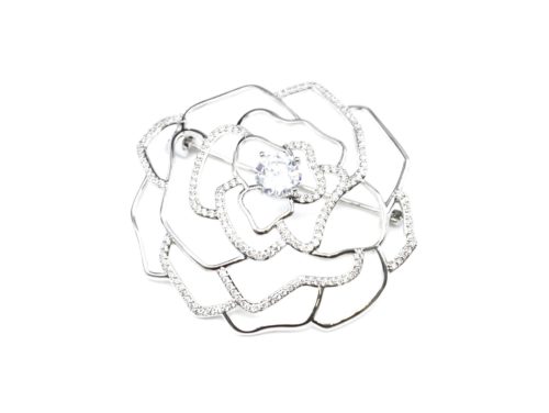 Broche-Epingle-Fleur-Ajouree-Pierre-Strass-Zirconium-et-Metal-Argente