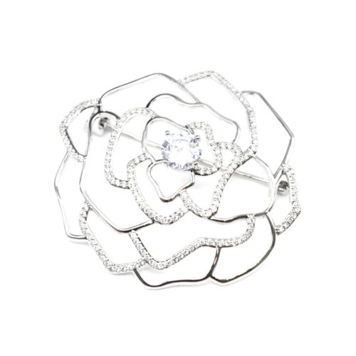 Broche-Epingle-Fleur-Ajouree-Pierre-Strass-Zirconium-et-Metal-Argente