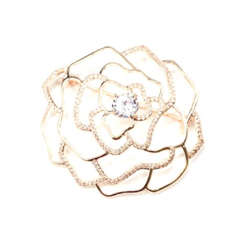 Broche-Epingle-Fleur-Ajouree-Pierre-Strass-Zirconium-et-Metal-Or-Rose