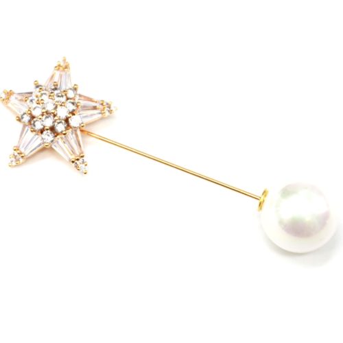 Broche-Epingle-avec-Etoile-Pierres-Strass-Zirconium-Dore-et-Perle-Blanche