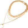 Collier-Multi-Rangs-Chaines-Metal-Dore-avec-Pendentif-Corne-Resine-Ecru
