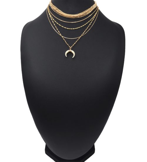 Collier-Multi-Rangs-Chaines-Metal-Dore-avec-Pendentif-Corne-Resine-Ecru