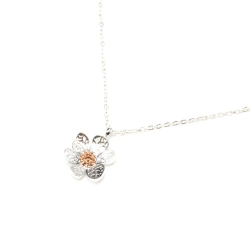 Collier-Fine-Chaine-Pendentif-Fleur-Petales-Motif-Relief-Acier-Argente-Or-Rose