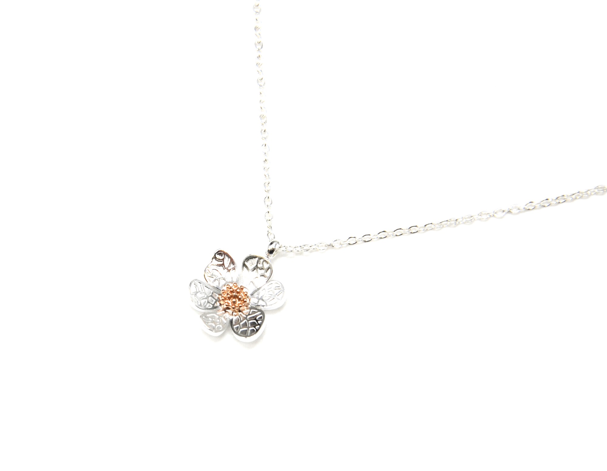 Cc2036f Collier Fine Chaîne Pendentif Fleur Pétales Motif Relief Acier Argenté Or Rose