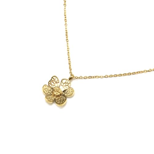 Collier-Fine-Chaine-Pendentif-Fleur-Petales-Motif-Relief-Acier-Dore