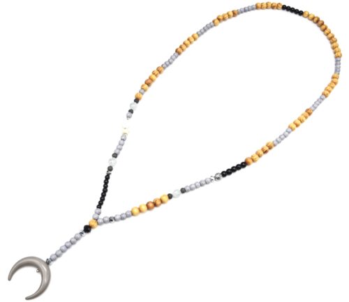 Sautoir-Collier-Perles-Bois-et-Effet-Marbre-avec-Pendentif-Corne-Lune-Resine-Gris