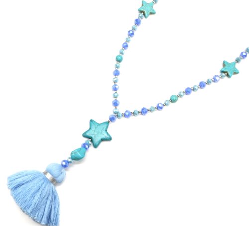 Sautoir-Collier-Perles-Brillantes-avec-Triple-Etoiles-Pierres-Effet-Marbre-et-Pompon-Fils-Bleu-Clair
