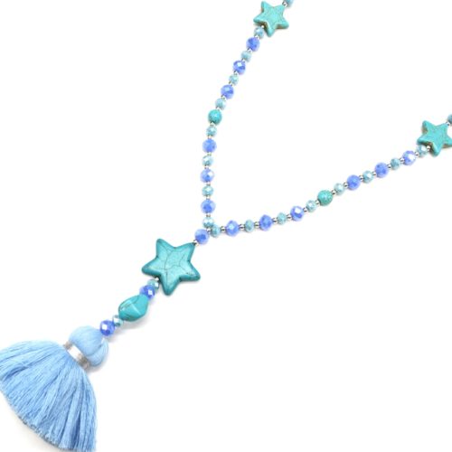 Sautoir-Collier-Perles-Brillantes-avec-Triple-Etoiles-Pierres-Effet-Marbre-et-Pompon-Fils-Bleu-Clair