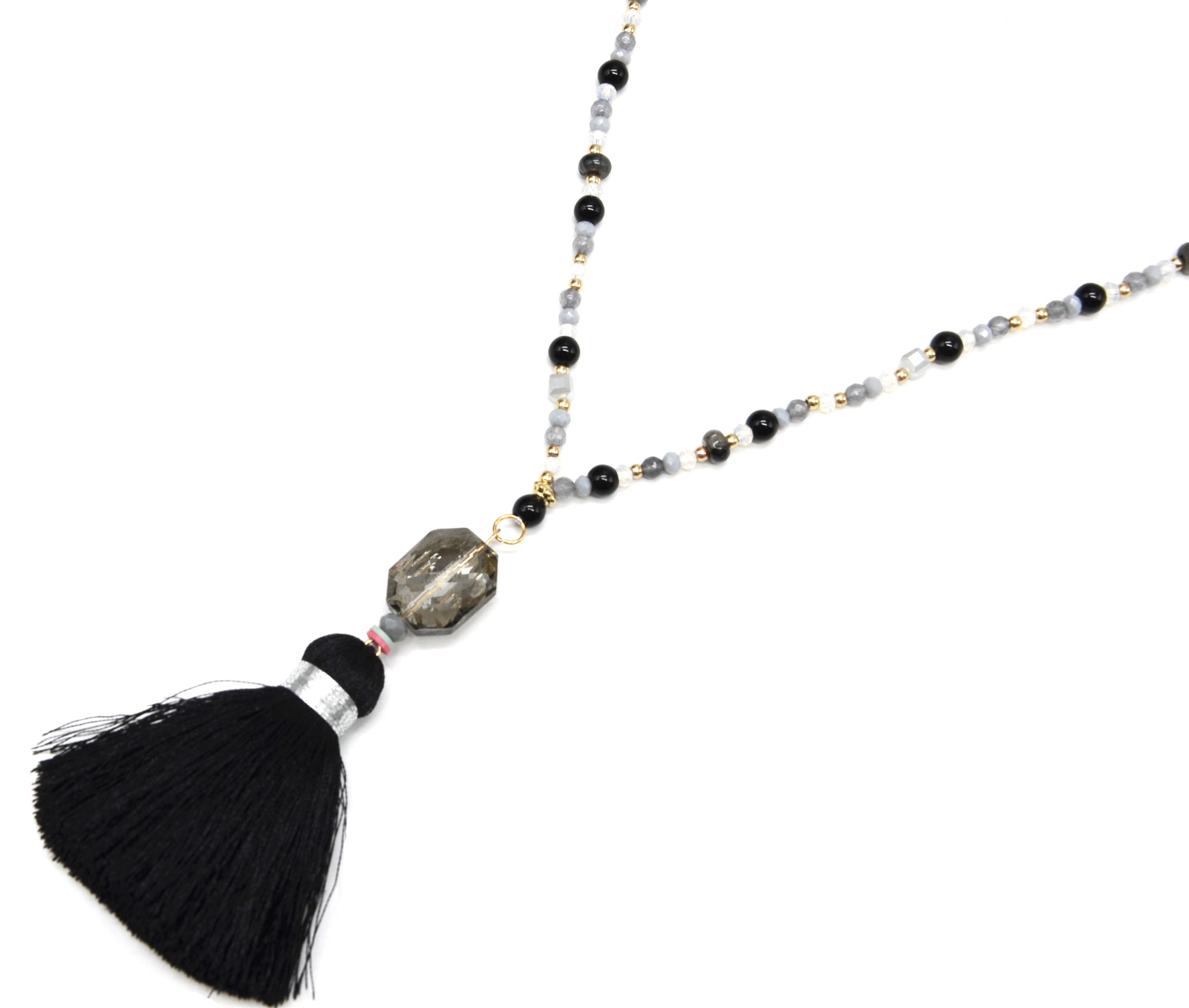 Sautoir collier pompon perle triangle noire perles de verre noires Bijoux Colliers Colliers de perles bijou bronze vintage 
