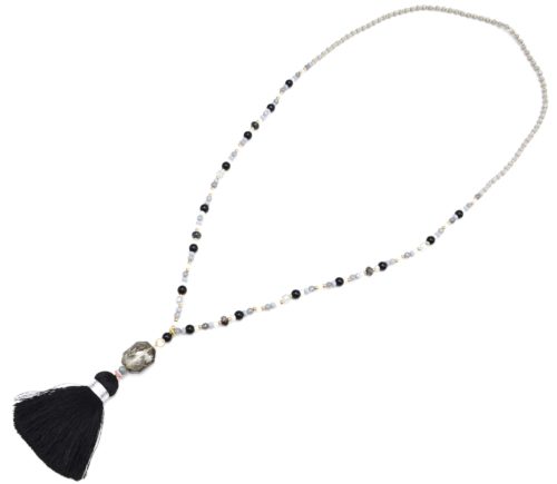 Sautoir-Collier-Perles-Pierres-Tricolore-avec-Pierre-Facettes-et-Pompon-Fils-Noir