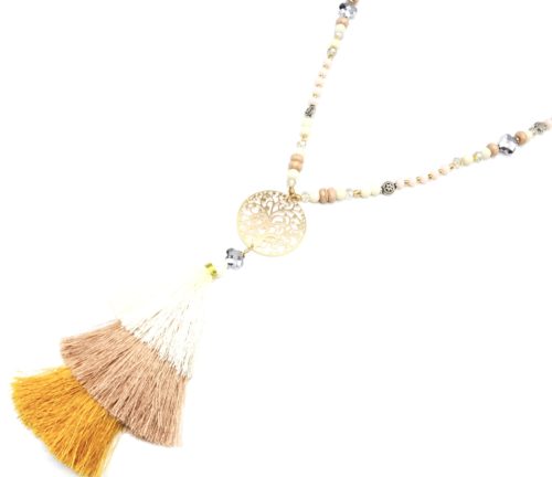 Sautoir-Collier-Perles-Pierres-avec-Cercle-Arbre-de-Vie-Ajoure-et-Triple-Pompons-Fils-Beige