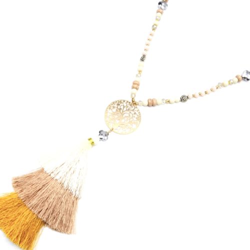 Sautoir-Collier-Perles-Pierres-avec-Cercle-Arbre-de-Vie-Ajoure-et-Triple-Pompons-Fils-Beige