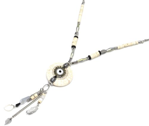 Sautoir-Collier-Chaine-Metal-Perles-avec-Pierre-Effet-Marbre-Ecru-Oeil-et-Charms-Gris