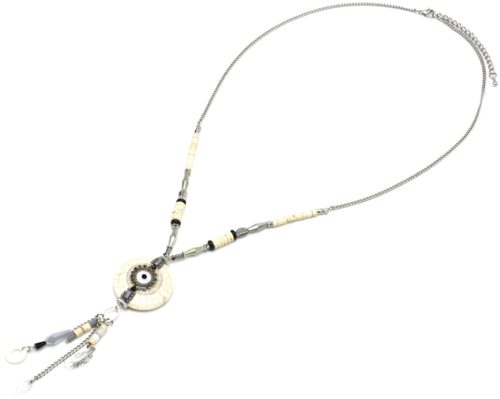 Sautoir-Collier-Chaine-Metal-Perles-avec-Pierre-Effet-Marbre-Ecru-Oeil-et-Charms-Gris