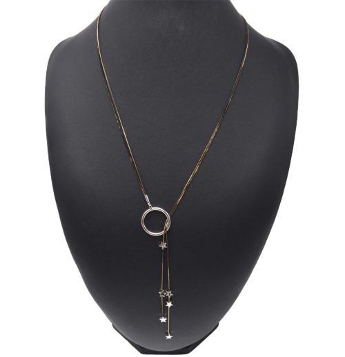 Sautoir-Collier-Chaines-Metal-Noir-avec-Pendentif-Y-Cercle-et-Multi-Etoiles-Metal-Argente