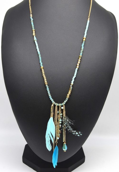 Sautoir-Collier-Perles-et-Multi-Charms-Plumes-Ethnique-Bleu