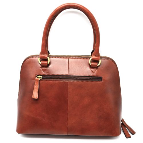 Sac-a-Main-Cabas-Cuir-de-Vachette-Marron-Forme-Arrondie-avec-Bandouliere-et-Anneaux-Metal-Dore