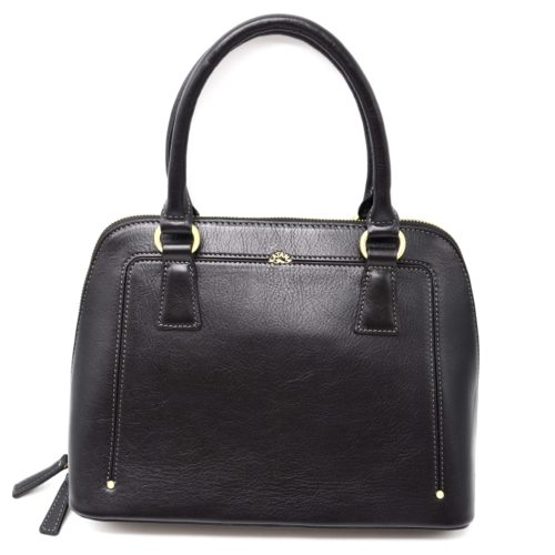 Sac-a-Main-Cabas-Cuir-de-Vachette-Noir-Forme-Arrondie-avec-Bandouliere-et-Anneaux-Metal-Dore