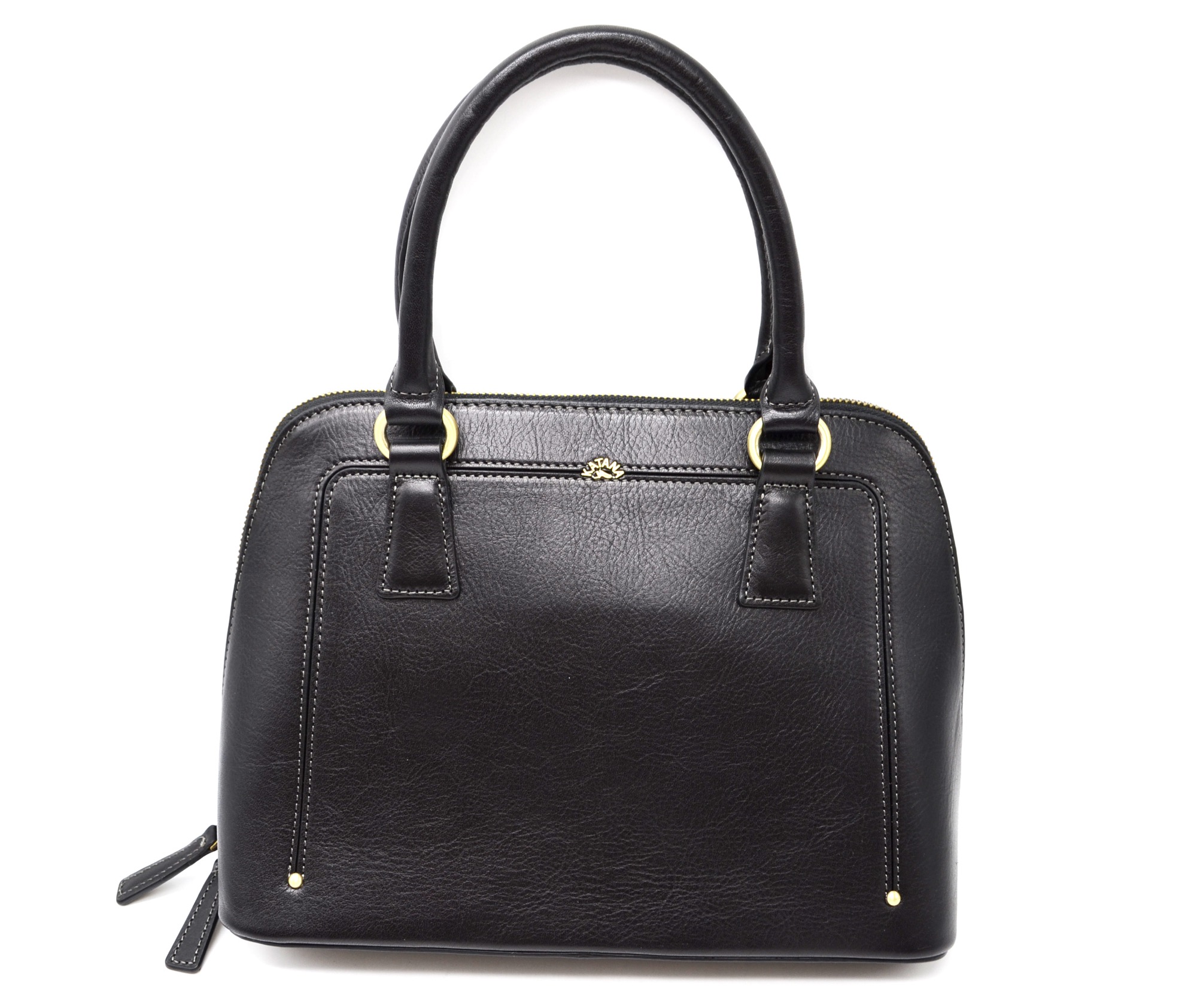 Sac-a-Main-Cabas-Cuir-de-Vachette-Noir-Forme-Arrondie-avec-Bandouliere-et-Anneaux-Metal-Dore