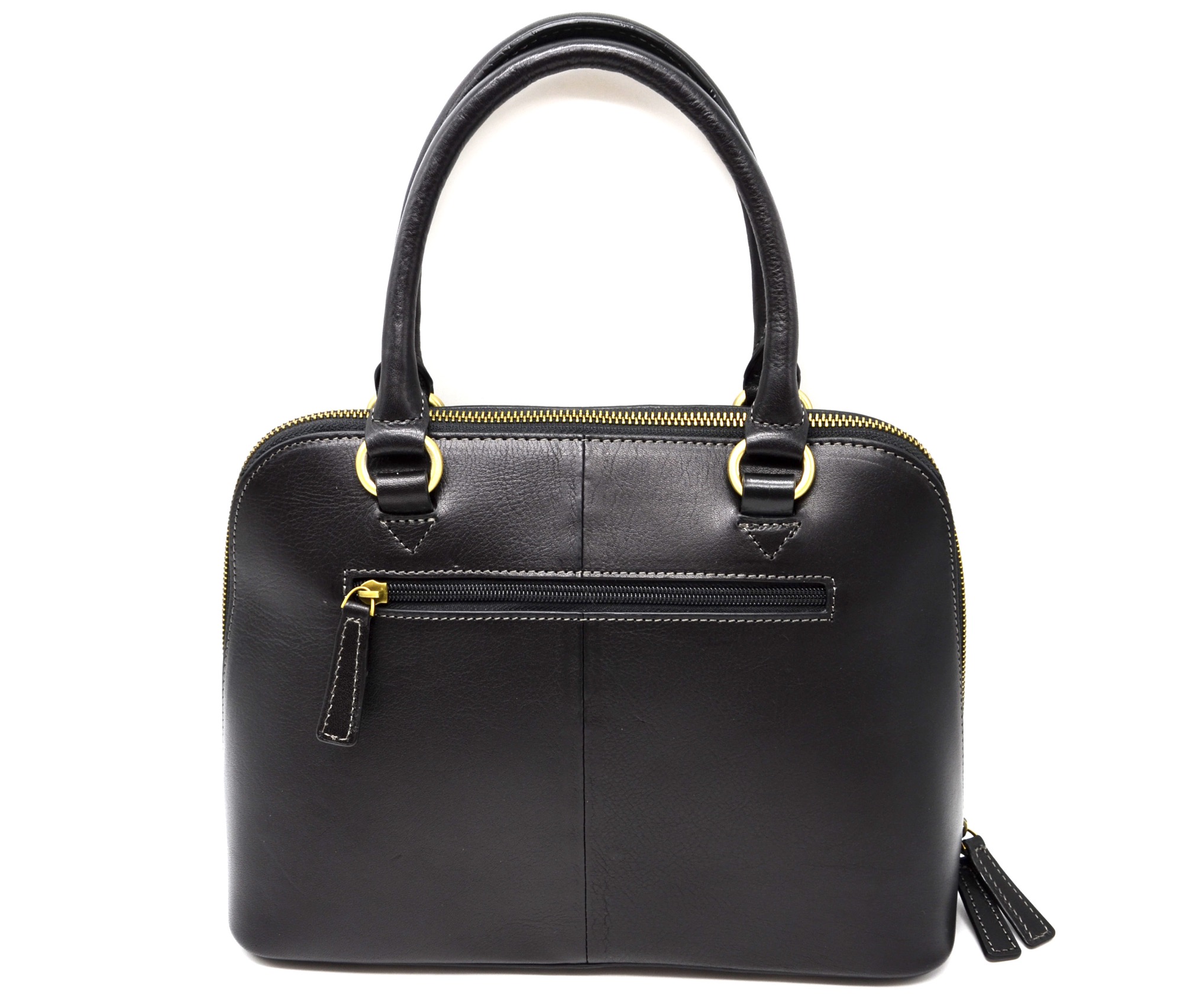 Sac-a-Main-Cabas-Cuir-de-Vachette-Noir-Forme-Arrondie-avec-Bandouliere-et-Anneaux-Metal-Dore