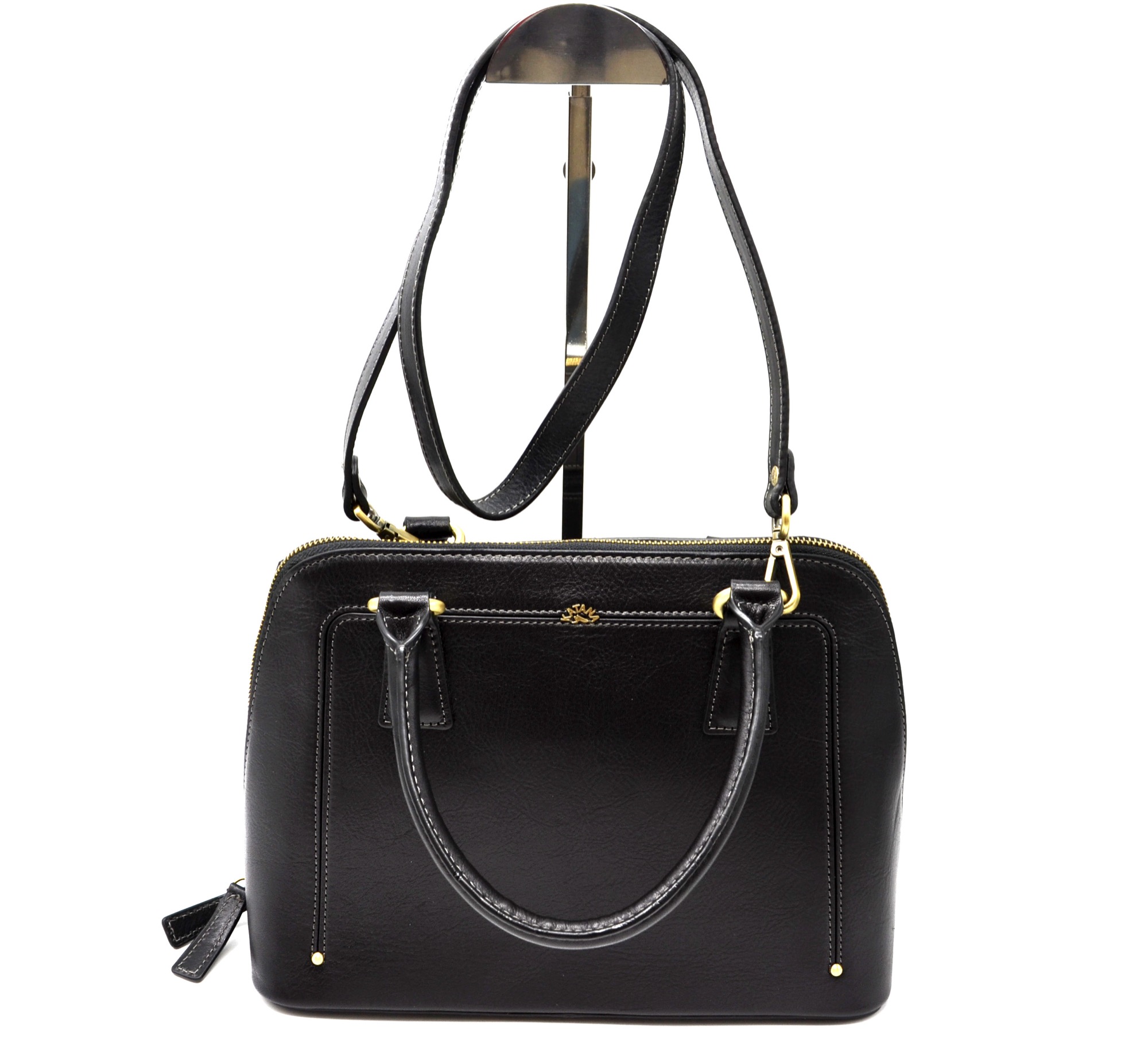 Sac-a-Main-Cabas-Cuir-de-Vachette-Noir-Forme-Arrondie-avec-Bandouliere-et-Anneaux-Metal-Dore