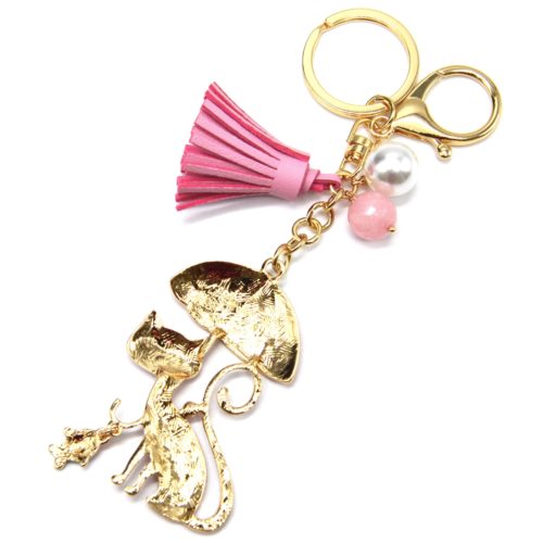 Porte-Cles-Bijou-de-Sac-Chat-Metal-Peint-Rose-avec-Parapluie-Perles-et-Pompon-Franges