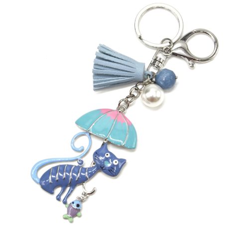 Porte-Cles-Bijou-de-Sac-Chat-Metal-Peint-Bleu-avec-Parapluie-Perles-et-Pompon-Franges