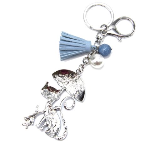 Porte-Cles-Bijou-de-Sac-Chat-Metal-Peint-Bleu-avec-Parapluie-Perles-et-Pompon-Franges