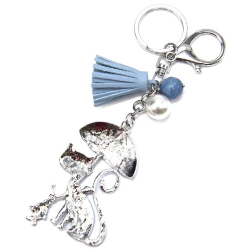 Porte-Cles-Bijou-de-Sac-Chat-Metal-Peint-Bleu-avec-Parapluie-Perles-et-Pompon-Franges