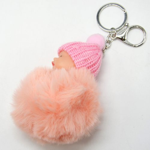 Porte-Cles-Bijou-de-Sac-Bebe-Endormi-avec-Bonnet-et-Pompon-Fourrure-Rose-Saumon