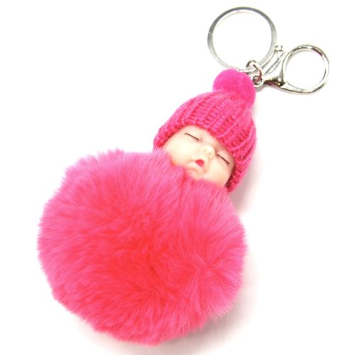 Porte-Cles-Bijou-de-Sac-Bebe-Endormi-avec-Bonnet-et-Pompon-Fourrure-Rose-Fluo