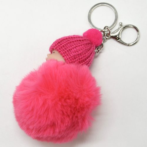 Porte-Cles-Bijou-de-Sac-Bebe-Endormi-avec-Bonnet-et-Pompon-Fourrure-Rose-Fluo