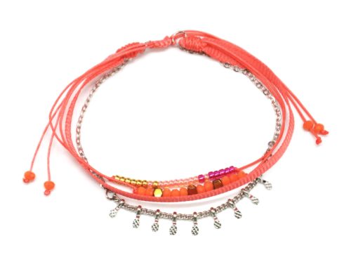 Bracelet-Cordon-Multi-Rangs-Perles-Ruban-Orange-et-Pampilles-Metal-Argente