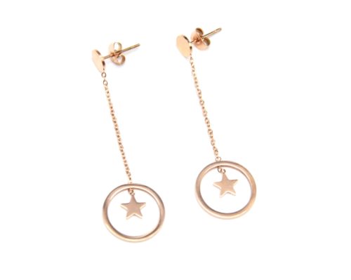 Boucles-dOreilles-Pendantes-avec-Fine-Chaine-et-Cercle-Etoile-Acier-Or-Rose