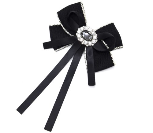 Broche-Pince-Noeud-Tissu-Noir-Ruban-Satin-avec-Pierre-Ovale-et-Strass