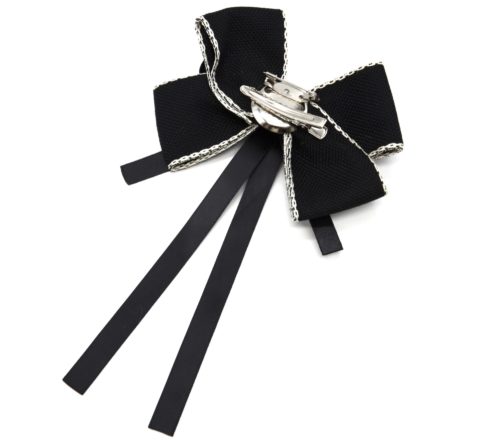 Broche-Pince-Noeud-Tissu-Noir-Ruban-Satin-avec-Pierre-Ovale-et-Strass