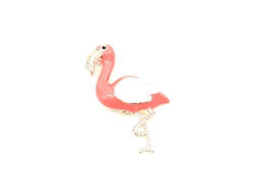 Broche-Epingle-Flamant-Rose-Strass-Zirconium-et-Metal-Or-Rose