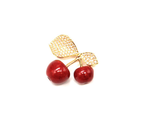 Broche-Epingle-Cerises-Rouge-avec-Feuilles-Strass-Zirconium-Dore