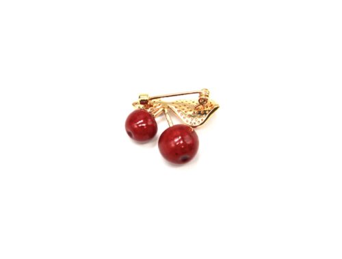 Broche-Epingle-Cerises-Rouge-avec-Feuilles-Strass-Zirconium-Dore