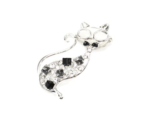 Broche-Epingle-Chat-Metal-Ajoure-Argente-avec-Lunettes-Noeud-Strass-et-Pierres