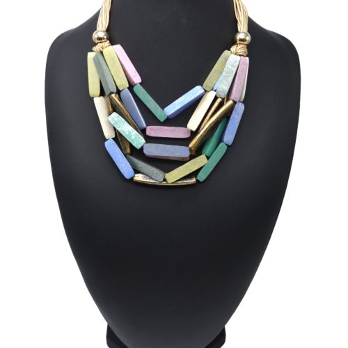 Collier-Plastron-Cordons-avec-Multi-Rangs-Formes-Bois-Multicolore-Effet-Vieilli