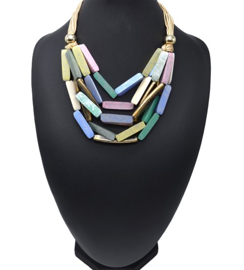 Collier-Plastron-Cordons-avec-Multi-Rangs-Formes-Bois-Multicolore-Effet-Vieilli