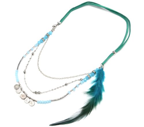 Collier-Cordons-Multi-Rangs-avec-Chaines-Pieces-Metal-Perles-et-Plume-Bleu-Canard