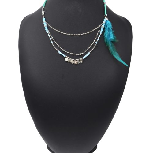 Collier-Cordons-Multi-Rangs-avec-Chaines-Pieces-Metal-Perles-et-Plume-Bleu-Canard