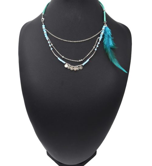 Collier-Cordons-Multi-Rangs-avec-Chaines-Pieces-Metal-Perles-et-Plume-Bleu-Canard