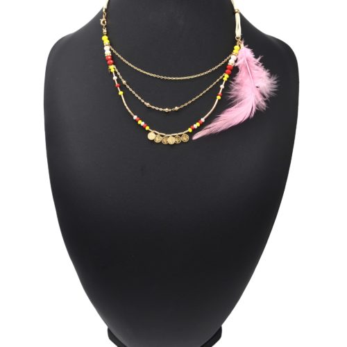 Collier-Cordons-Multi-Rangs-avec-Chaines-Pieces-Metal-Perles-et-Plume-Rose