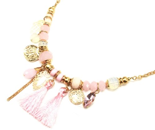 Collier-Chaine-Metal-Dore-avec-Pierres-Multi-Charms-et-Pompons-Rose