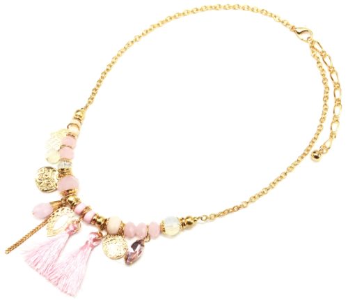 Collier-Chaine-Metal-Dore-avec-Pierres-Multi-Charms-et-Pompons-Rose
